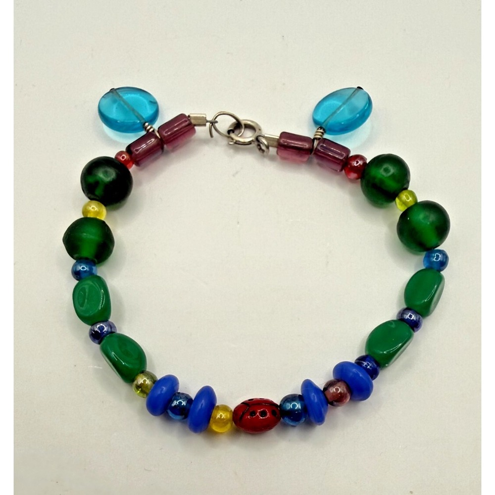 Vtg 925 Silver Multicolor Glass Bead‎ Bracelet Ladybug Accent